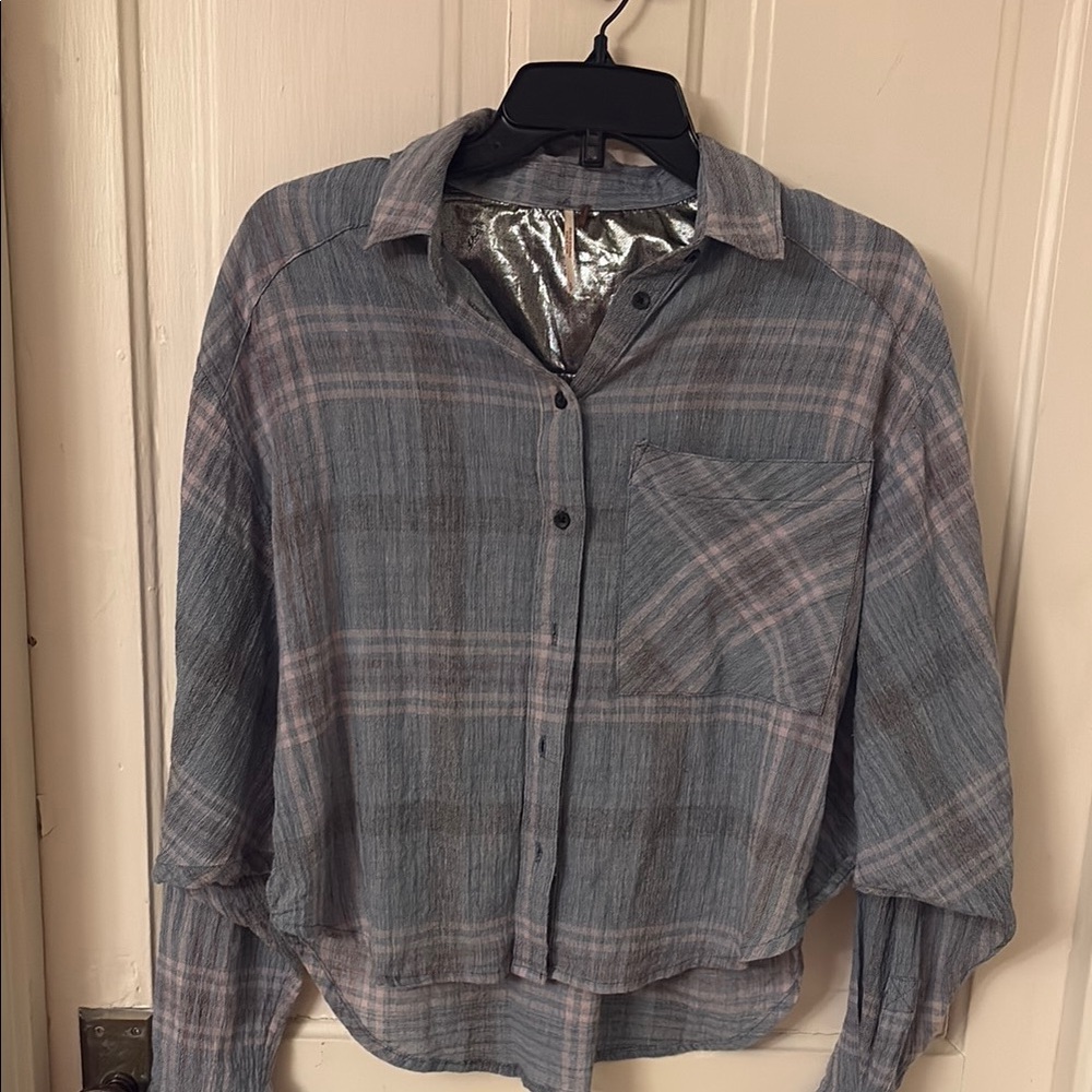 Free People Blue and Pink Plaid Button Down Shirt